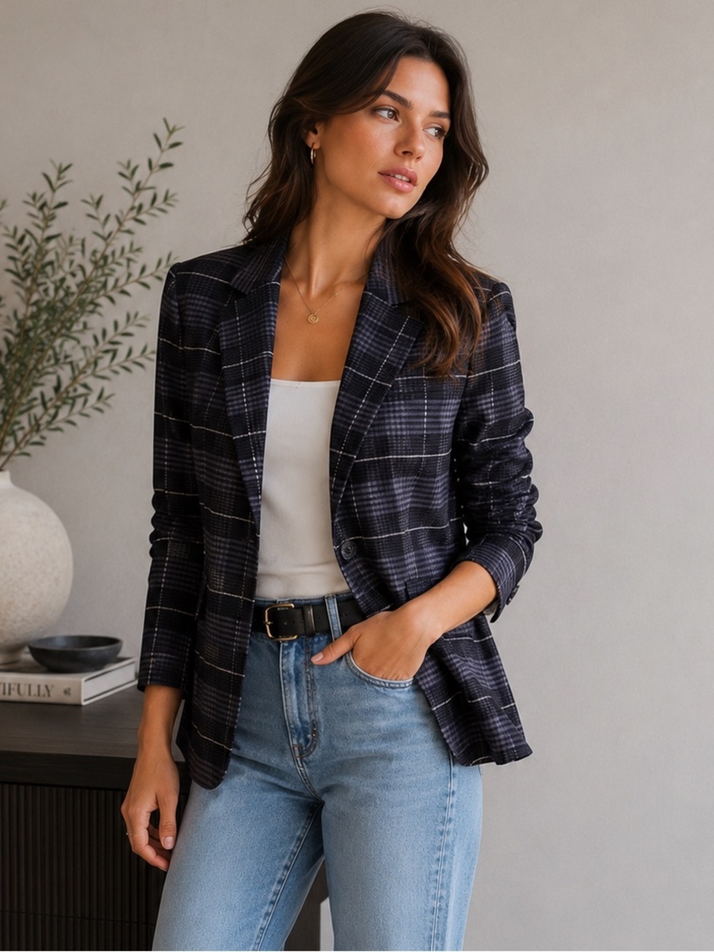 Free Assembly Blazer Jacket Women Small Boyfriend Plaid Coat Gray Black RCL